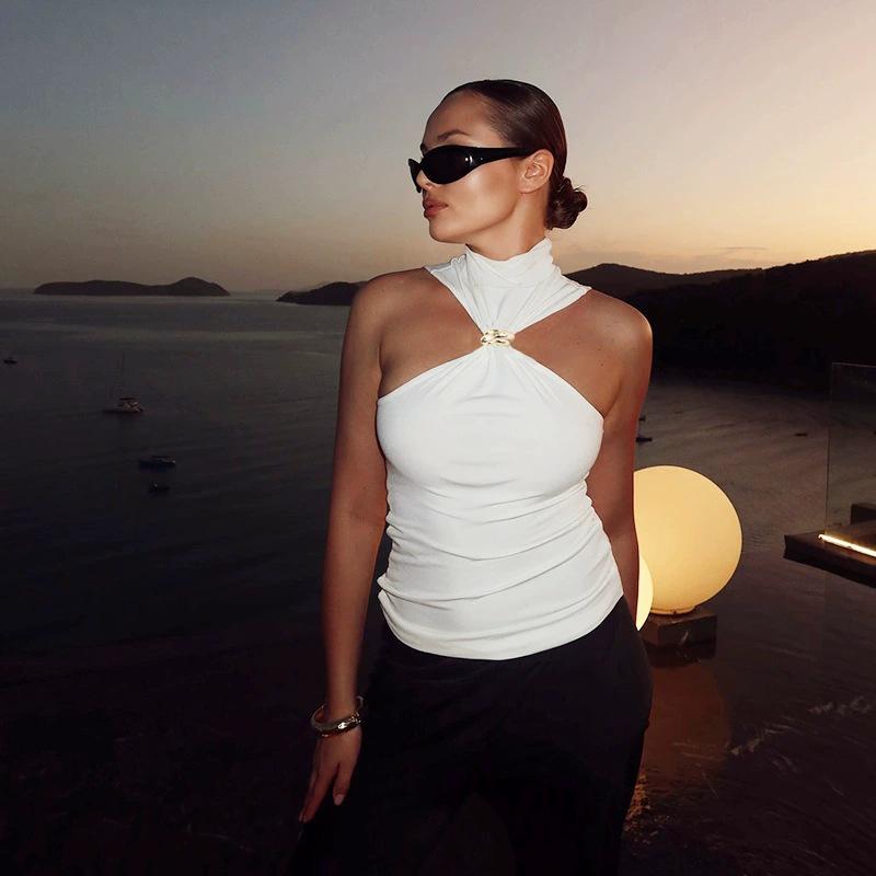 2025 Весна/Лето Женский Топ с высоким воротом, металлическим кольцом, без рукавов, с открытыми плечами, эластичный жилет