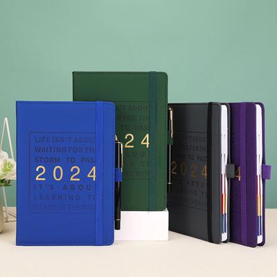 Обложка из искусственной кожи. Блокнот-планировщик на 2024 год. Блокнот с повесткой дня на 12 месяцев и недели с эластичной застежкой. Серия петель для ручек.
