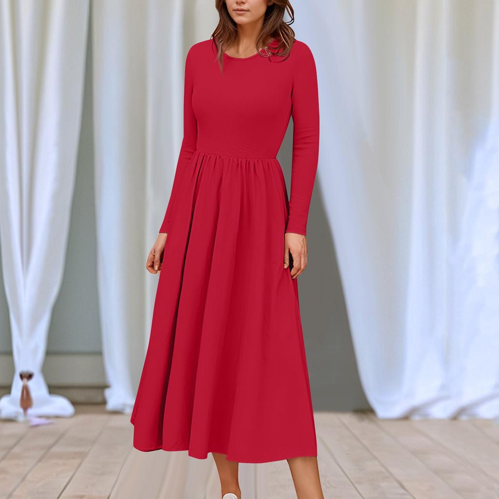 Women's Solid Color Midi Boho Dress Casual Long Sleeve Flowy Smocked Dresses With Pocket Summer And Spring
