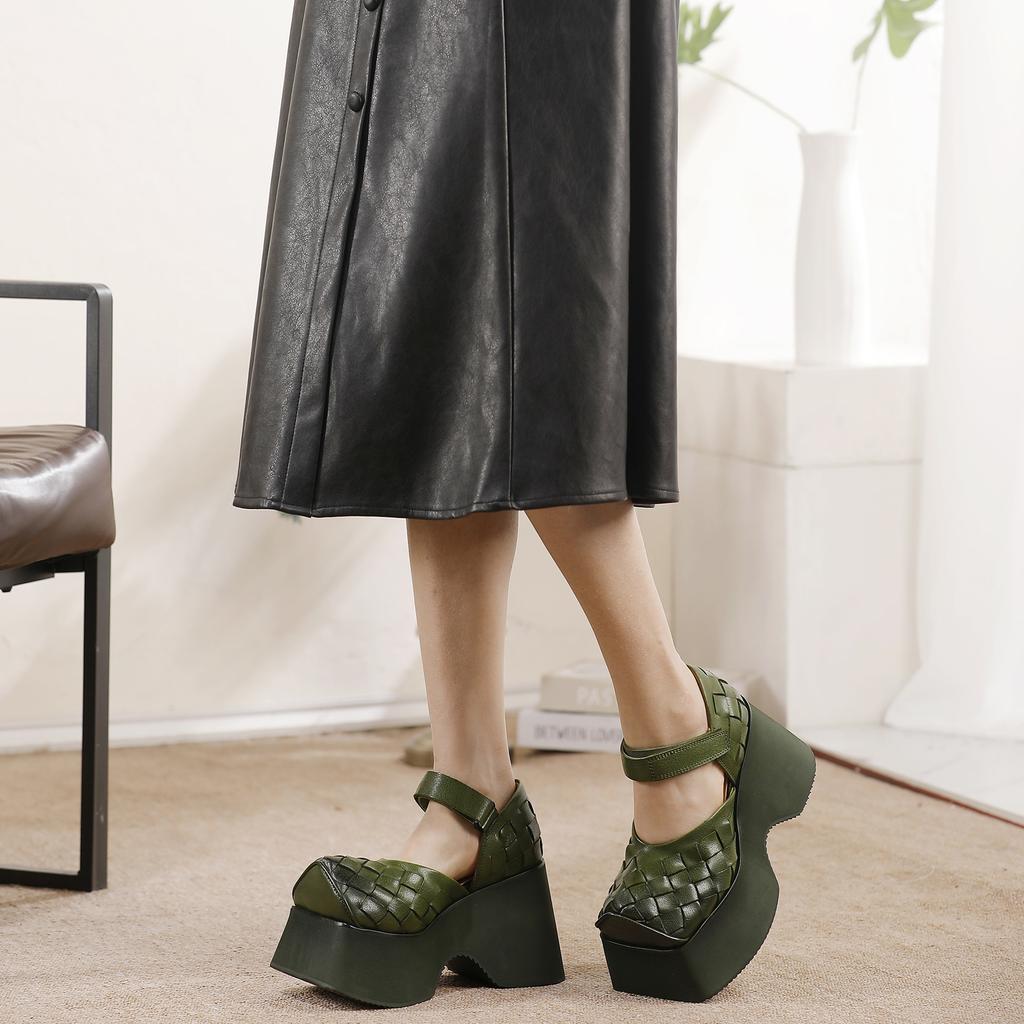 Johnature Женские босоножки на танкетке 10 см, плетеные из коровьей кожи, с толстой подошвой, ретро, из натуральной кожи