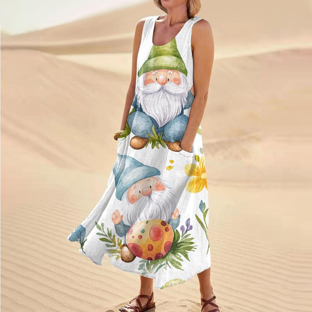 Women's Summer Casual Fashion Easter Printed Sleeveless Round Neck Pocket Dress