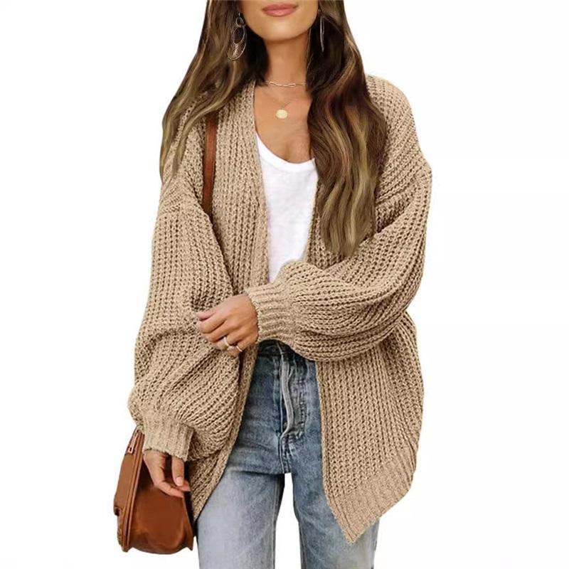 Women's Open Front Knit Cardigan Lantern Sleeve Oversized Sweater Coat