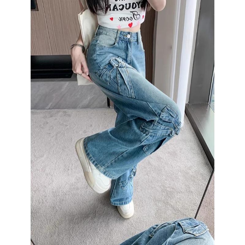 Women Blue Bow Jeans Harajuku Y2k Japanese 2000s Style Aesthetic Baggy Denim Trousers Oversize Jean Pants Vintage Trashy Clothes