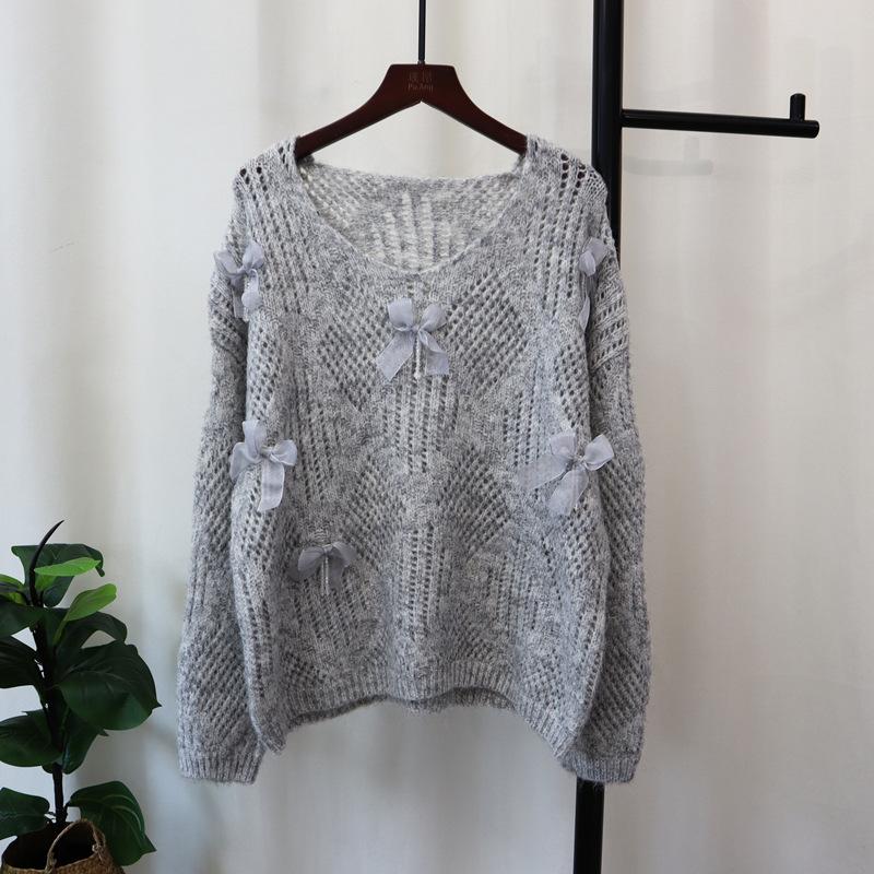 Пуловер с полым бантом, осень и зима, новый свободный дизайн, милый вязаный свитер-топ для женщин