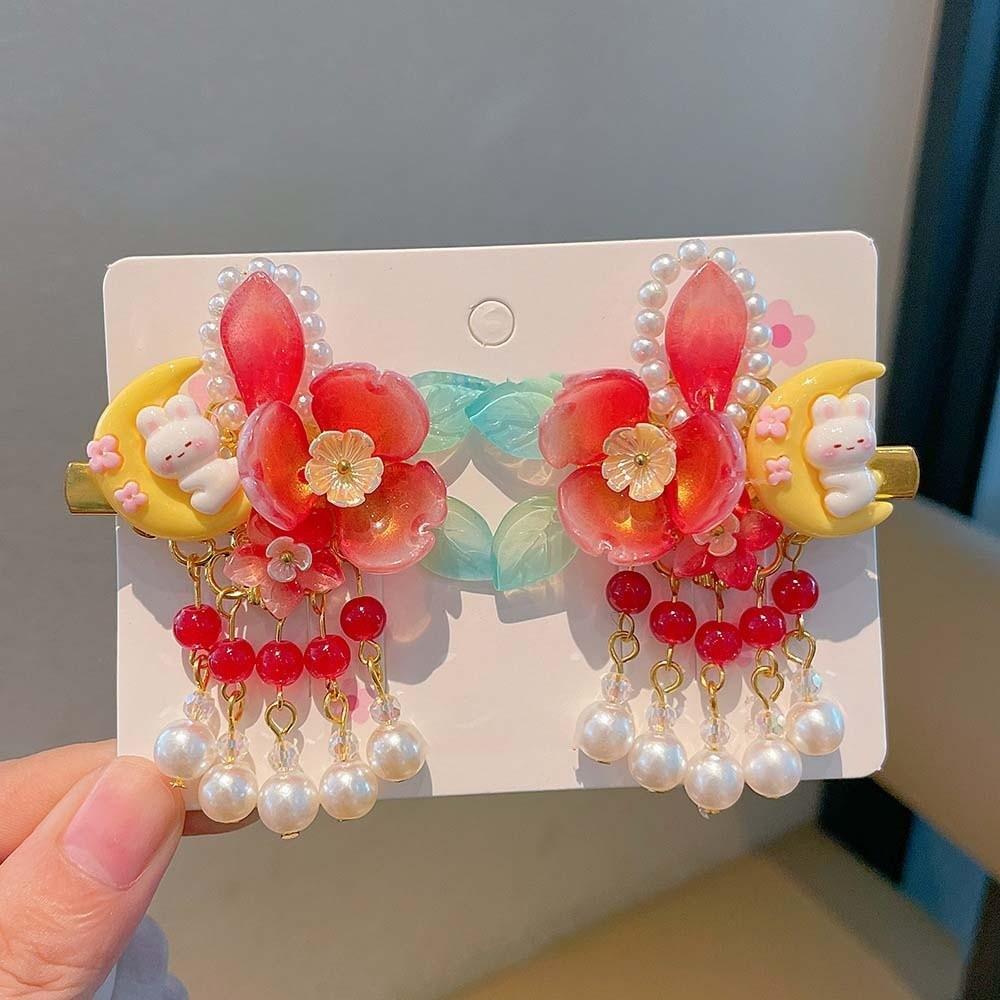 1 Pair Floral Tassel Pearl Bunny Hair Clips Vibrant Color Fairy Hairpins Hanfu Hair Clips Festival