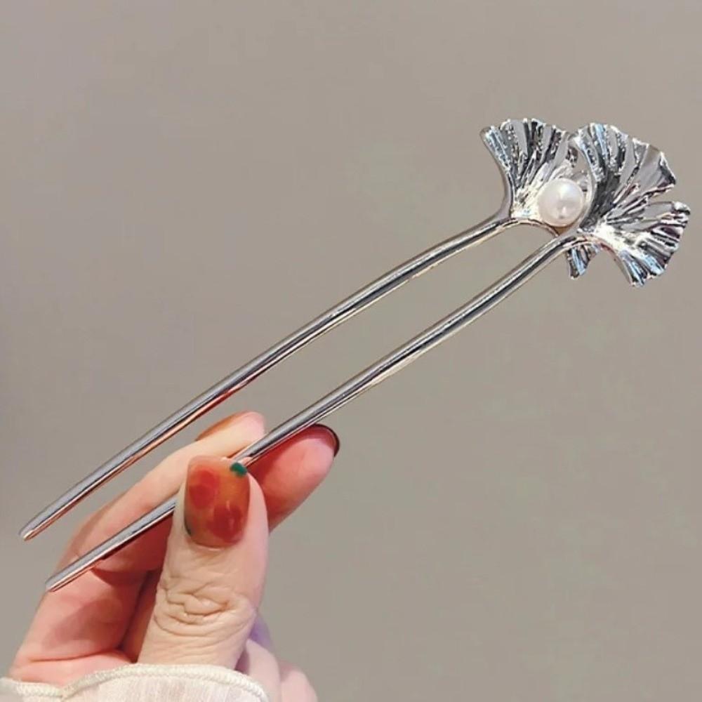 Ginkgo Biloba Pattern Hair Sticks U Shape Chinese Hairpin Vintage Ponytail Clip Women
