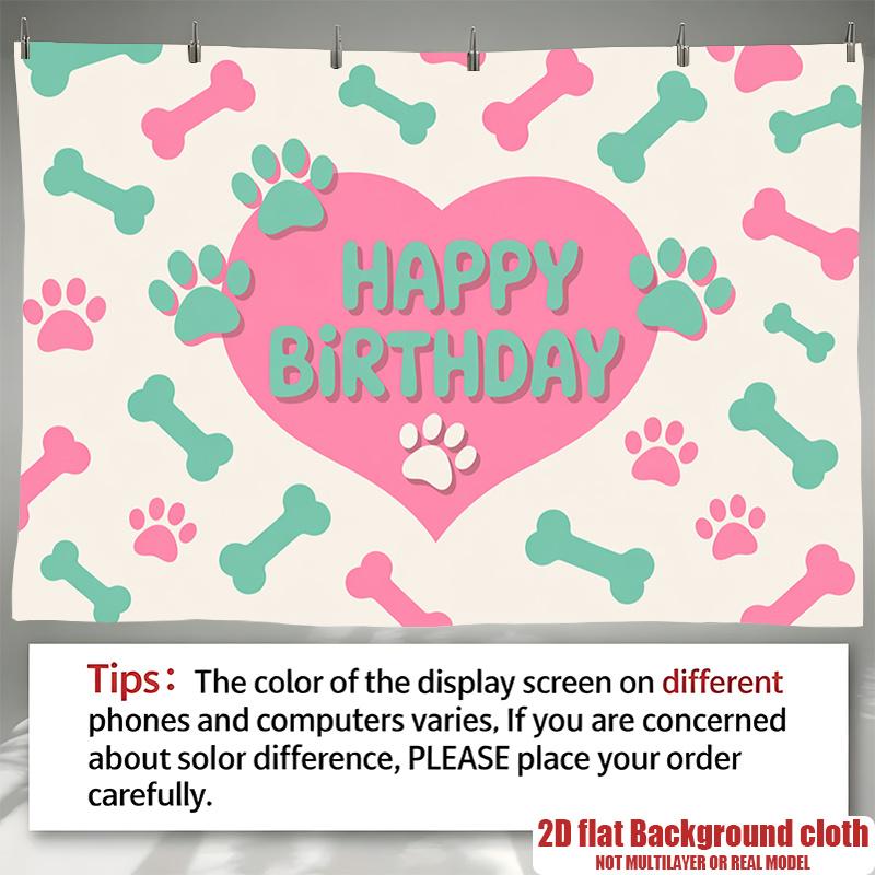Dog Paw Print Birthday Party Banner, Pink Green Bone Design Polyester Backdrop for Home