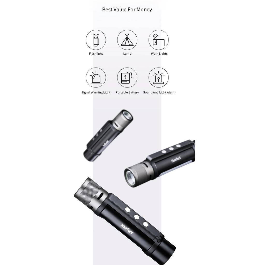 Xiaomi Фонарик NEXTOOL 6-в-1, 1000 лм, двойной светильник, масштабируемая сигнализация, USB-C, перезаряжаемый мобильный аккумулятор, электрический фонарик для кемпинга