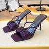 Fashion Purple Satin Rhinestone One-piece Slippers for Women 2025 Summer New Butterfly Dew Toe High Heels Sandals for Wearing Outside