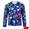 Halloween Men's Scary Skull Print T-Shirt Fashionable Trendy Street-Style Long Sleeve Loose-Fitting Breathable Men's Top
