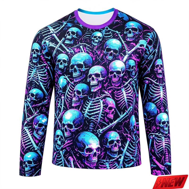 Halloween Men's Scary Skull Print T-Shirt Fashionable Trendy Street-Style Long Sleeve Loose-Fitting Breathable Men's Top
