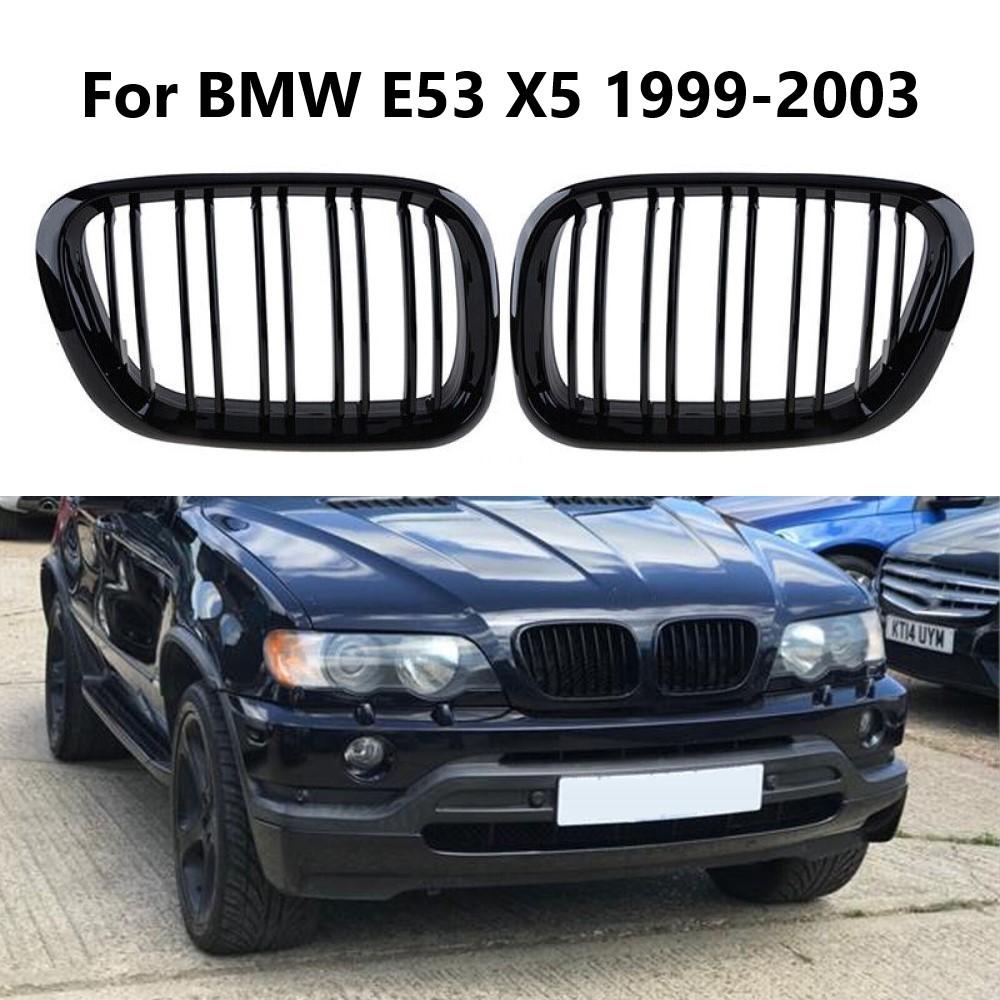 1 Pair Car Glossy Black Double Line Front Bumper Kidney Grill Grille For BMW E53 X5 1999 2000 2001 2002 2003 Car