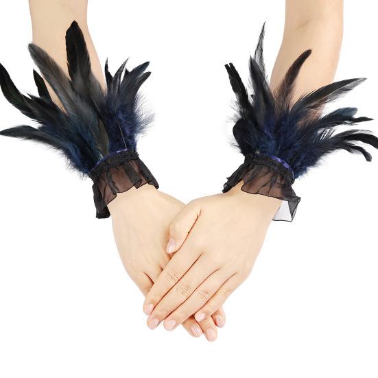 Women's Feather Wrist Cuffs Gothic Feather Fingerless Gloves Wristband Mesh Cuff for Halloween Cosplay Costume Accessories
