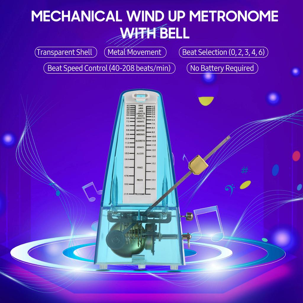 Transparent Mechanical Metronome with Bell Universal Wind Up Metronome with Loud Sound Beat Selection Speed Control for