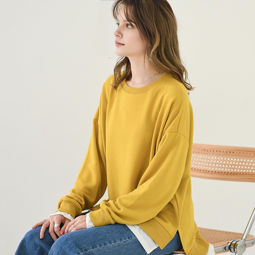 Женская толстовка с круглым вырезом и длинным рукавом, однотонная, свободная посадка, пуловер, топы из двух частей, повседневные спортивные топы с боковыми разрезами
