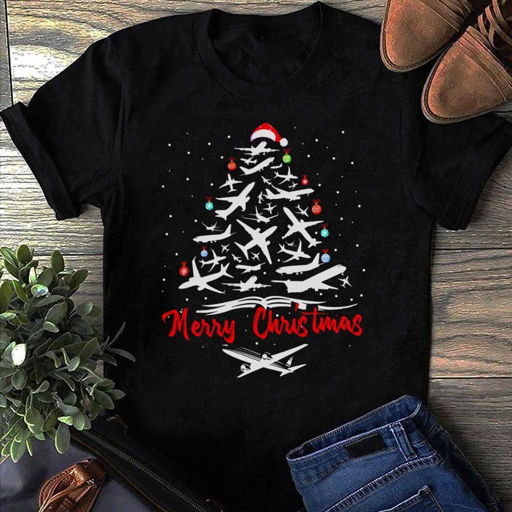 Airplane Christmas Tree T-Shirt: Pilot Aviation Gift
