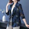 Women Blue Blazer Slim Tailored Collar Long Sleeve Outerwear Lace Hollow Out Printed Commuting Work Clothes