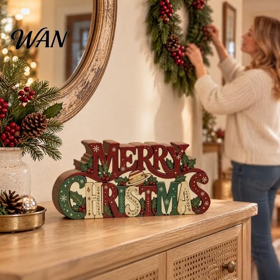 Rustic Festive Decor Wooden Merry Christmas Sign, 2D Flat Farmhouse Freestanding Table Centerpiece, Sign Tiered Tray Decoration for Mantel,
