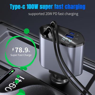 120 Вт 4 в 1 выдвижное автомобильное зарядное устройство USB C кабель для iPhone Huawei Samsung шнур для быстрой зарядки адаптер прикуривателя PD QC3.0