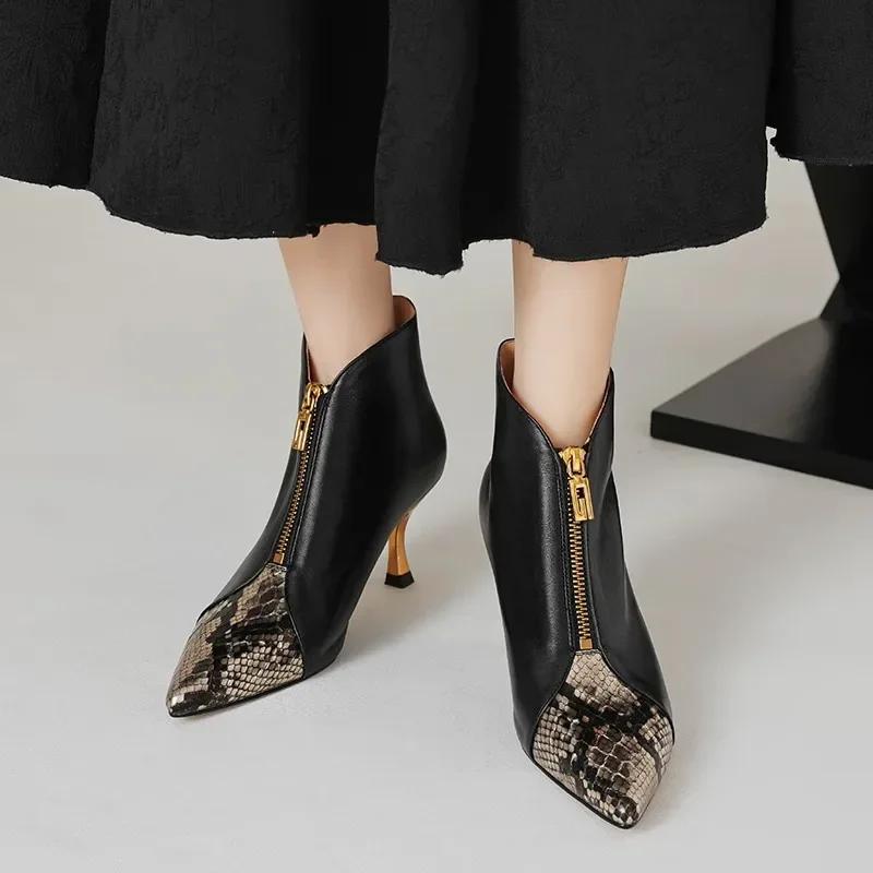 Горячая распродажа женских сапог на высоком каблуке с узором из змеиной кожи на осень и зиму 2024 года, новая модель с боковой молнией для женщин