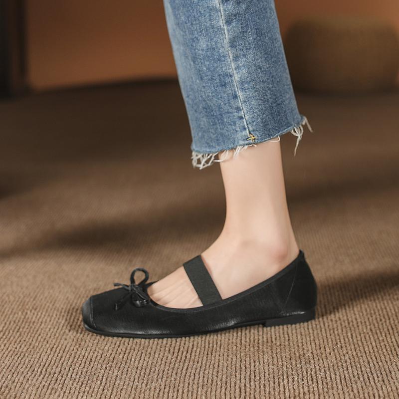 Fashion French Flat Bottom Bow 2024 Spring New Ballet Shoes Square Head Strap Comfortable Everyday Versatile Fashion Single Shoe Women