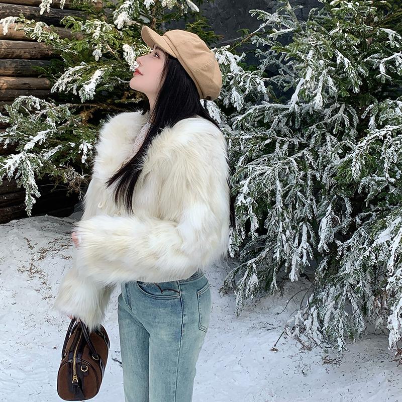 Autumn Winter Y2K Faux Fur Short Coat for Women Turn-down Collar Fur Outerwear Ladies Casual Slim Long Sleeve Jacket