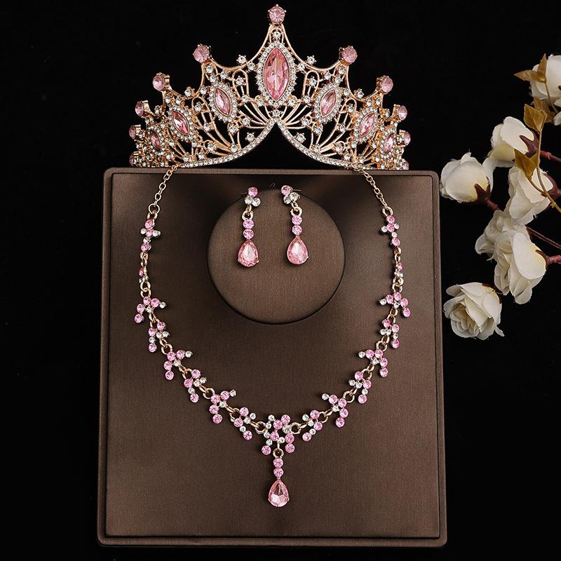 Элегантная розовая хрустальная тиара, корона для женщин, свадебная вечеринка, Корона, ожерелье, серьги, комплекты ювелирных изделий, аксессуары для платья и волос