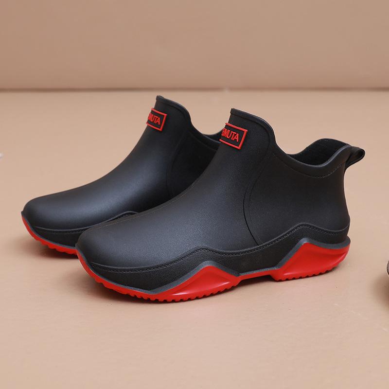 Rain shoes female adult fashion outer wear short tube couple rain boots warm flat waterproof kitchen work car wash rubber shoes male