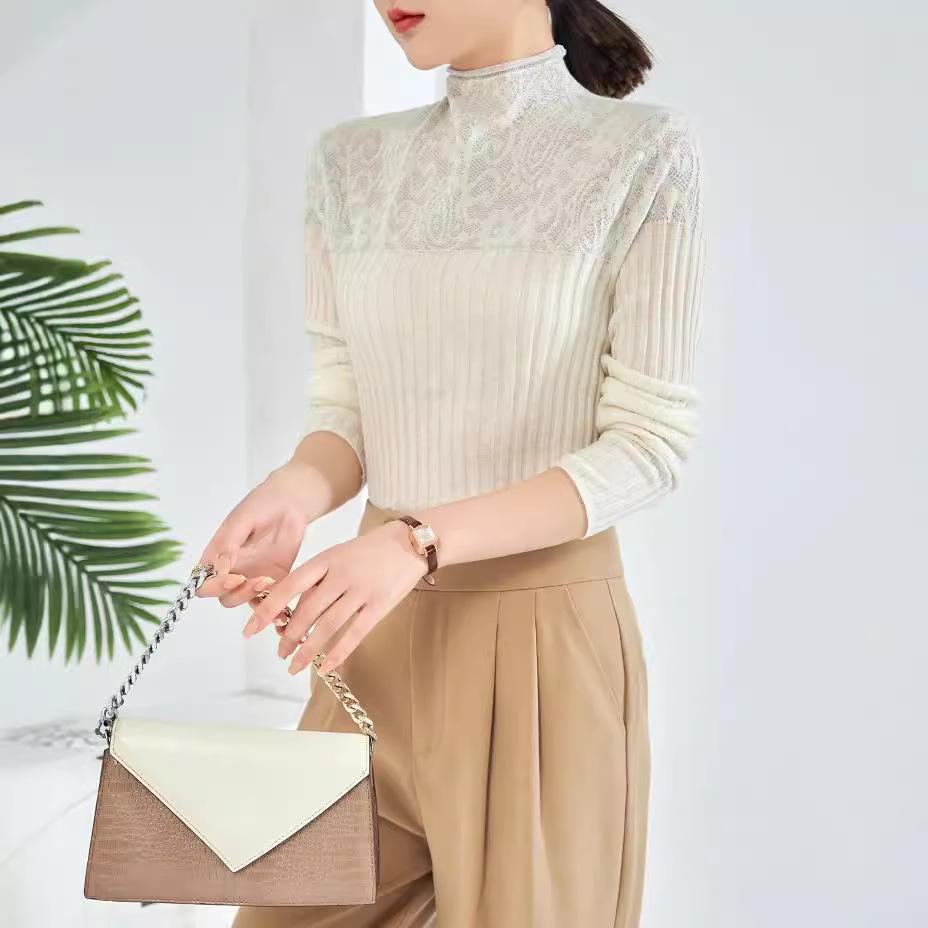 2024 Autumn/Winter Women's Silk Wool Sweater - Lace-Stitched Design with Curling Half High Collar