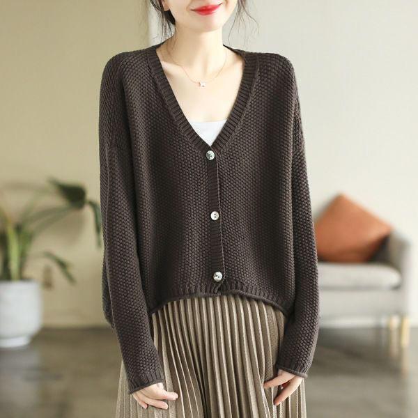 Женские винтажные свитера с v-образным вырезом и длинными рукавами, кардиган, однотонная повседневная одежда на пуговицах, вязаные хлопковые свитера