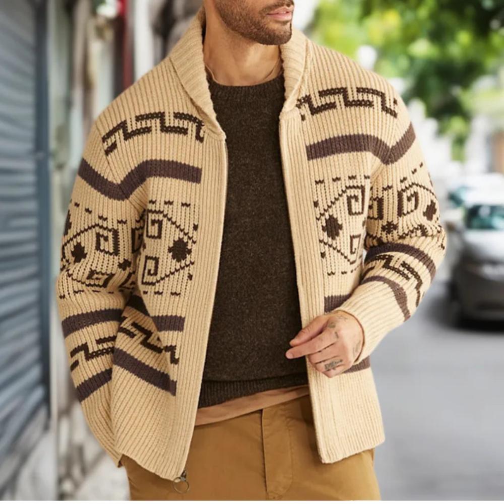 Autumn and Winter New Design Pattern Men's Fashionable Lapel Casual Cardigan Long Sleeved Jacquard Knitted High Weight Sweater Zipper Jacket