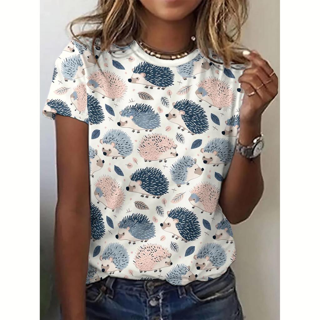 Summer Women's T Shirt Animal Hedgehog Print Casual O-Neck Short Sleeve Pullover Daily Outdoor Female T-Shirt Overszied Clothing