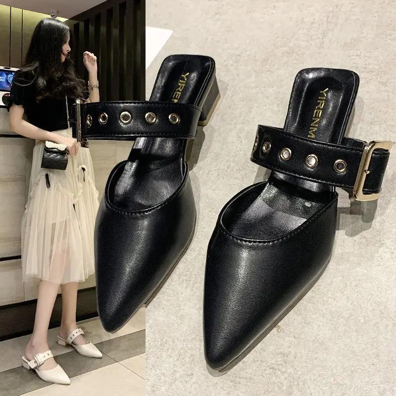 Spring Autumn Women Sandals Pointed Toe PU Cross Strap Pump Buckle Female Casual Solid Footwear Comfortable Retro Ladies Shoes