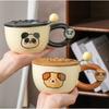 Круглая чашка для завтрака с животными, с крышкой и ложкой, керамическая, для пары, домашняя чашка, супер милая чашка для воды, креативная кружка