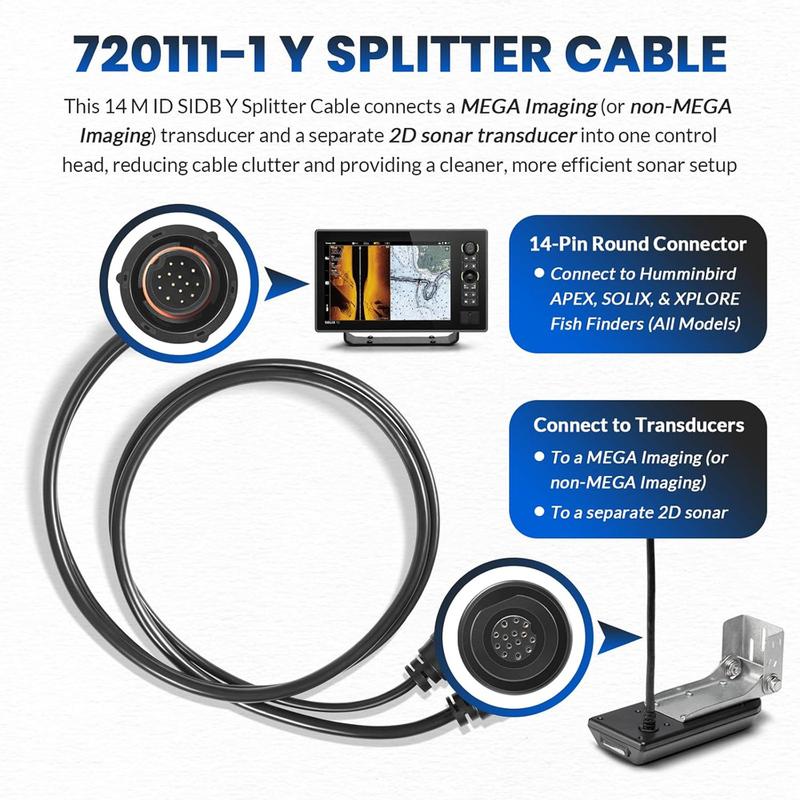 14 M ID SIDB Y Splitter Cable 720111-1 for Humminbird SOLIX/APEX/XPLORE Fish Finders, Connects Side Imaging & 2D Transducers