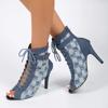 Fish Mouth High Heels Women Spring Summer Lace Up High Top Mesh Denim Slim Heels Sandals Outdoor Banquet Street Casual Shoes