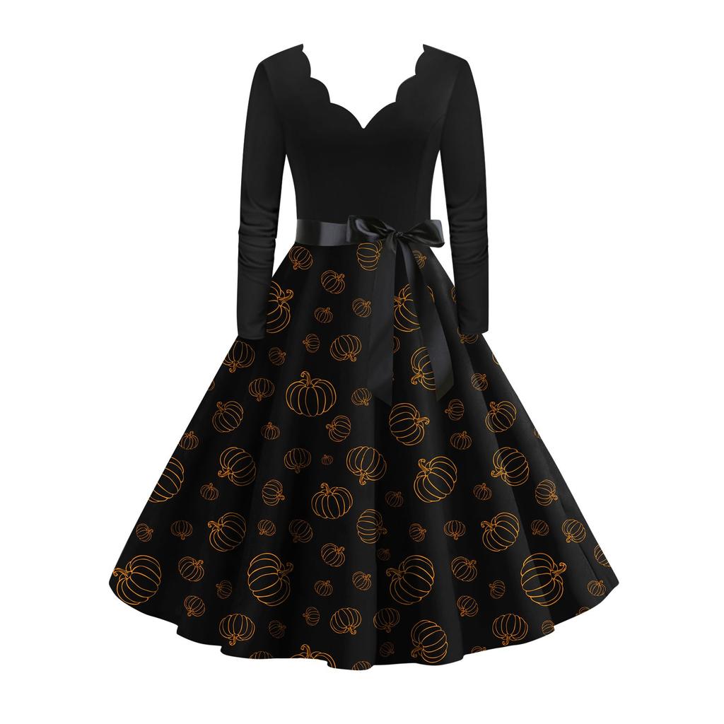 Women's Vintage Classic Dress Long Sleeve Halloween Print V-neck Swing Dress