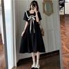 Doll Collar Dress Women's Summer New Fashion Gentle College Style Lace-up Waist Black Long Dress Children