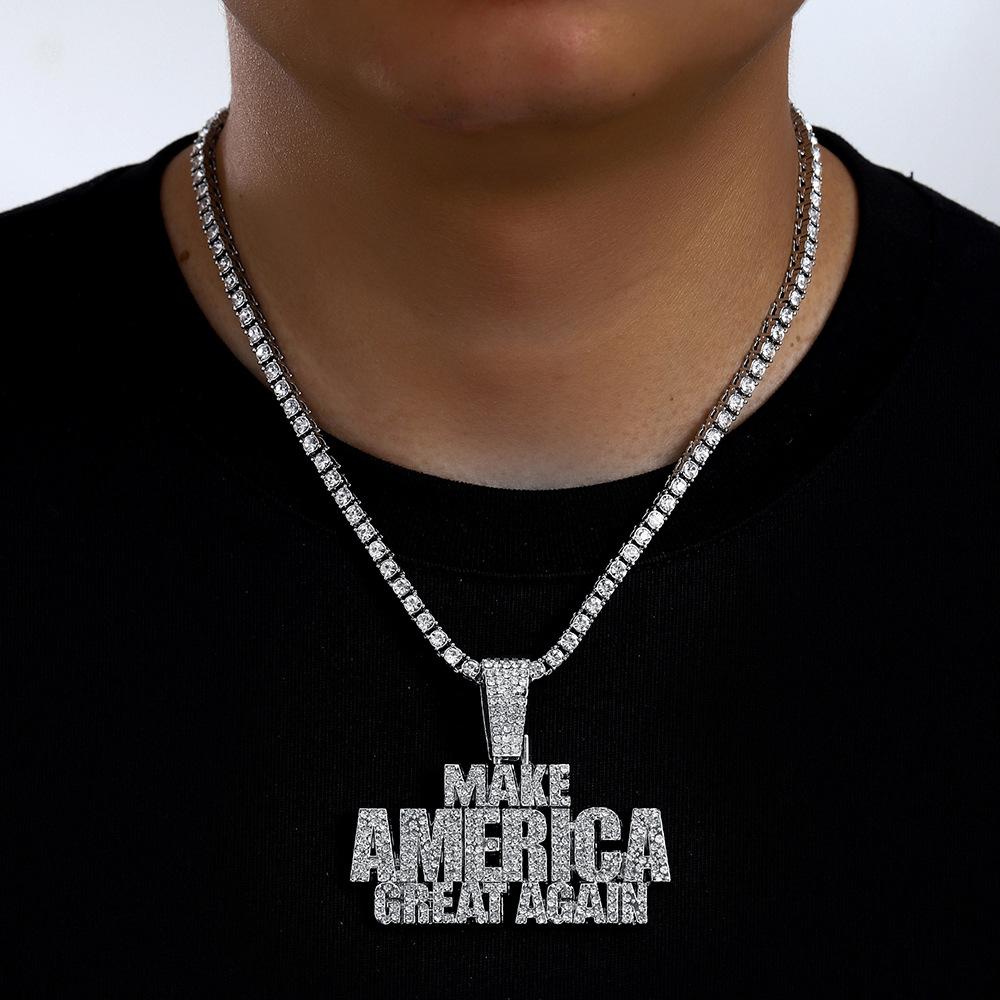 Взрывной Кулон-буква из сплава с полным покрытием бриллиантами Make America Create AGAIN Мужское Хип-Хоп Ожерелье