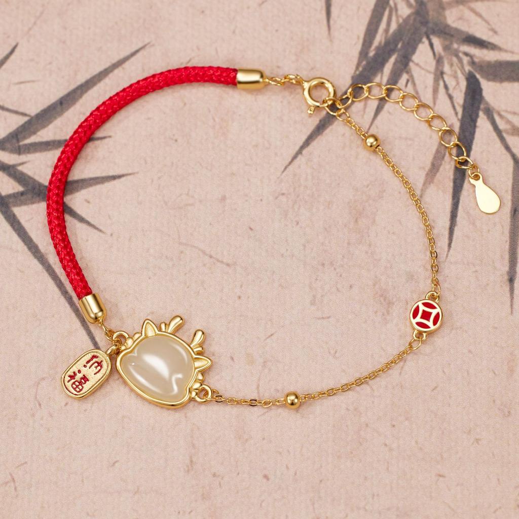 S925 стерлингового серебра Нефритовый дракон Нафу красный браслет веревка женский ретро Хотан нефрит зодиакальный дракон натальный год ребенок дракона