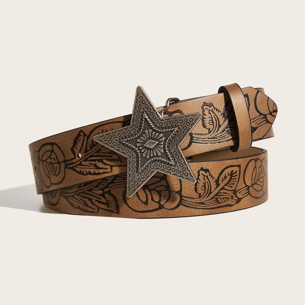 Women Faux Leather Belt With Flower Petal Print And Star Snap Button Fashion For