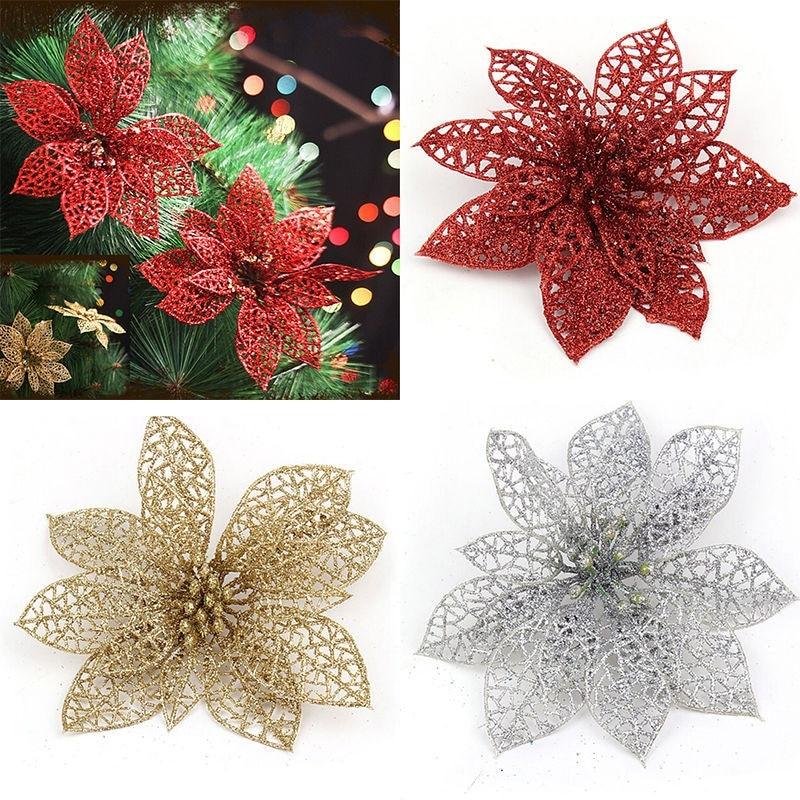 4Pcs/10pcs Hollow Xmas Flowers Artificial Christmas Hollow Flower For Christmas Tree Decorations Orna