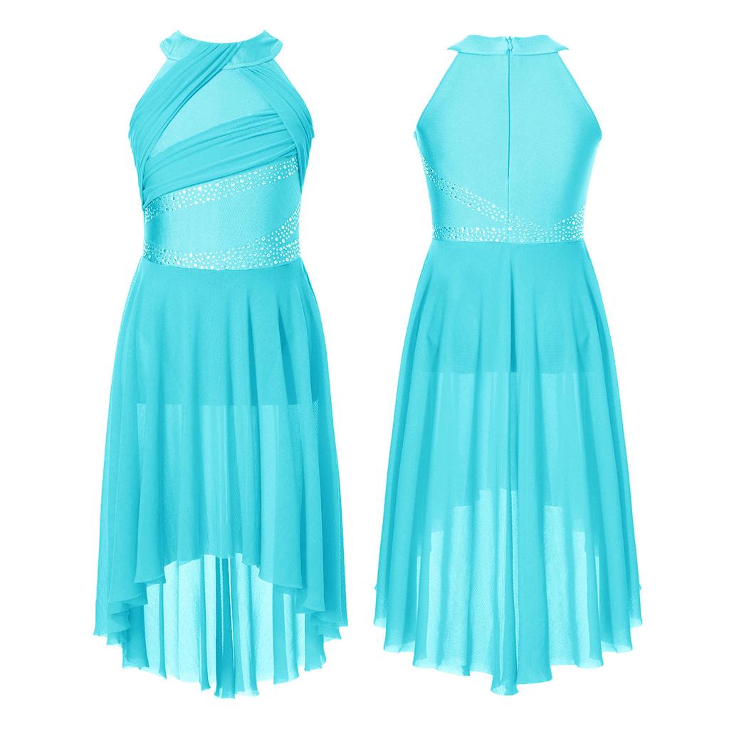 Детское лирическое платье для латинских танцев для девочек, купальник без рукавов со сверкающими стразами и рюшами, балетная танцевальная одежда