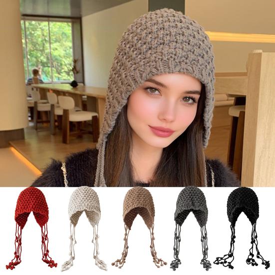 Women Crochet Slouchy Skull Cap with Tassel Handwoven Textured Knit Hat Ethnic Style Fringed Hat for Autumn Winter