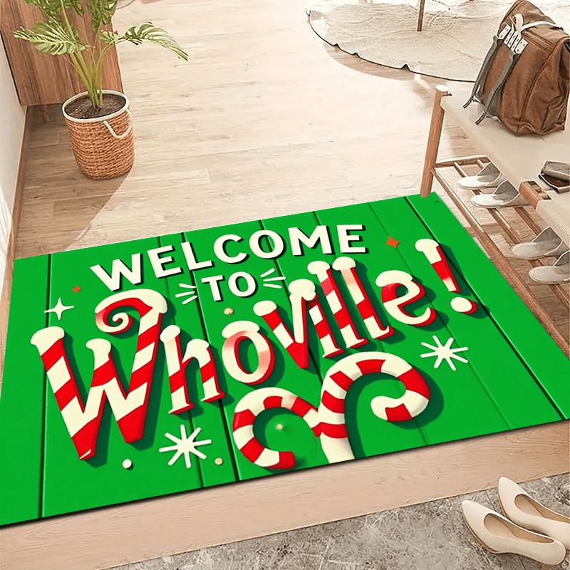 Whoville Welcome Mat Carpet, Dr. Seuss Inspired Candy Cane Stripes Anti-Slip Soft Absorbent Machine Washable for Entryway Decor