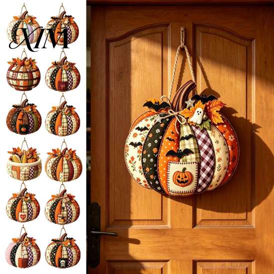Entryway Decorative Craft Patchwork Pumpkin Wooden Door Hanger, Fall Harvest Halloween Sign Autumn Hanger with Maple Leaves Berries, Farmhouse