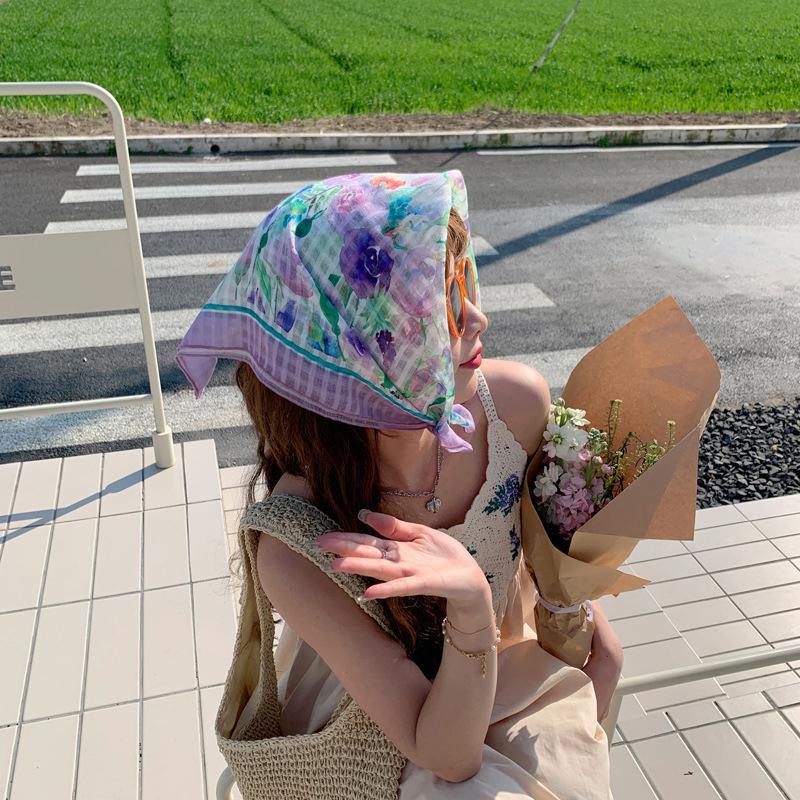 55Cm Sweet Floral Print Small Square Scarf For Women Girl Cute Soft Flower Scarf Hairband Headband Korean Hair Scarves