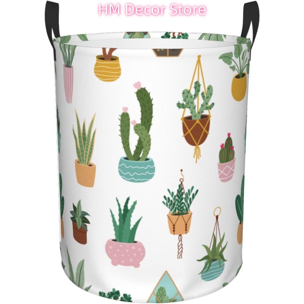Laundry Basket,Potted Succulent Plants Cactus Bathroom Organizer Basket Waterproof Foldable Cloth Hamper with Lining for Home St