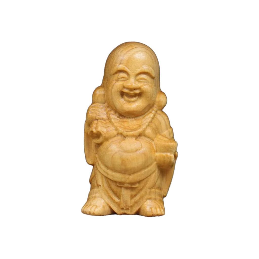 Hotei Buddha Wood Seven Lucky Hotei Maitreya Improves Good Feng Shui Interior Gift Statue, Carving, Gods, Ornament, Wooden, Mini, Bodhisattva, Object,