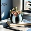 Hand Painted Retro Style Decor Black And White Striped Pumpkin Ornament, Resin Three Dimensional Sculpture Tabletop Centerpiece, Halloween Ornament